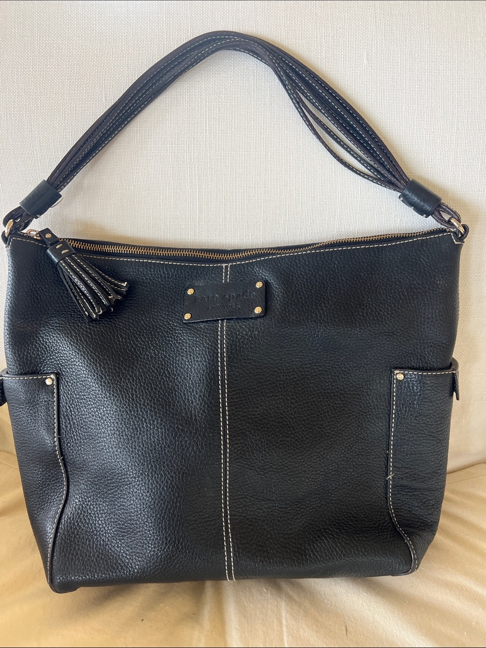 kate spade Black Pebbled Leather Shoulder Bag with Tassel